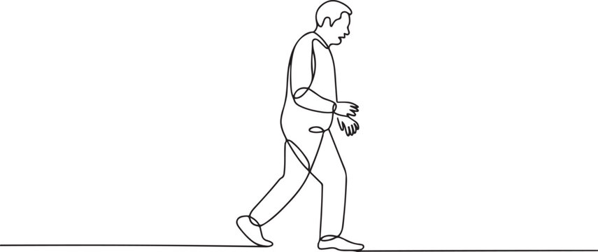 An elderly man walks with an uncertain gait. Poor balance and posture due to Parkinson's disease. one line art icon drawing vector