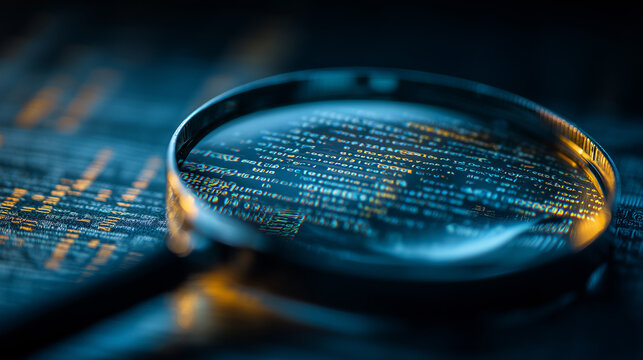 Magnifying glass over code on screen representing software inspection and cybersecurity analysis concept.
