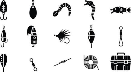 A collection of black and white fishing tackle icons including lures, hooks, and a tackle box. © Simu Store