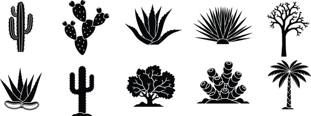 Collection of desert plants and trees silhouettes including various cactus types and palm tree. © Simu Store