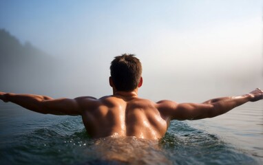 Fototapeta premium Swimmer Diving into Misty Morning Lake at Dawn