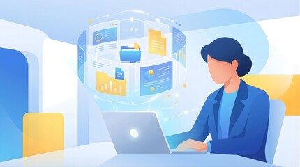 Fototapeta premium Businesswoman managing global data and analytics with futuristic hologram interface illustration.