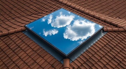 Fototapeta premium Modern Skylight Capturing Blue Sky and White Clouds Reflected on a Clay Tile Roof