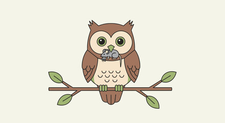 Cartoon owl sitting on a branch with a mouse in its beak flat vector illustration cute animal with green eyes and light brown feathers