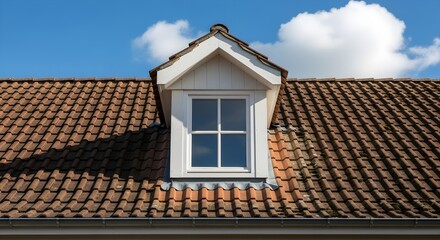 Fototapeta premium Charming White Dormer Window on a Classic Tiled Roof Under a Bright Blue Sky with Fluffy Clouds