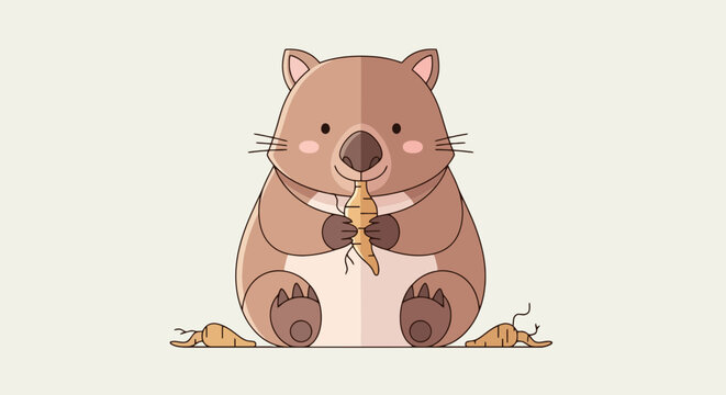 Adorable wombat eating a root vegetable illustrated in a cute cartoon vector style with soft earth tones and minimalist design isolated.