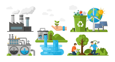 Naklejka premium Sustainable practices and renewable energy sources in industrial and natural environments illustrated
