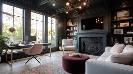 Naklejka premium Modern living room with a cozy workspace and large windows during daytime