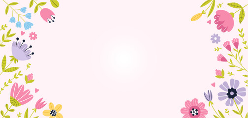 Cute hand-drawn floral frame background with spring flowers, blooming buds and green leaves. Flat vector design in soft pastel colors with copy space for greeting cards, invitations, banners © Alina Mosinyan