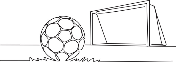 The soccer ball lies near the soccer goal. Football game. World Football Day. one line art icon drawing vector © jinnatun