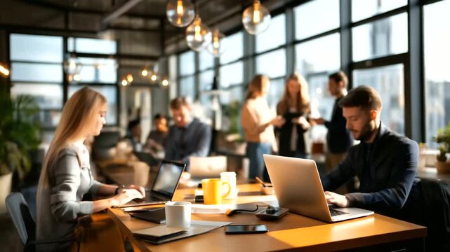 Professional workplace and lifestyle compilation heavily defocused various office and urban backgrounds faceless people in business meetings and technology work collaborative