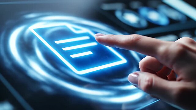 A hand touches a glowing blue document icon on a futuristic interface