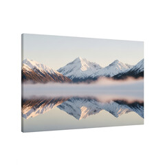 Snowy mountains reflected in a serene lake at sunrise isolated on transparent background