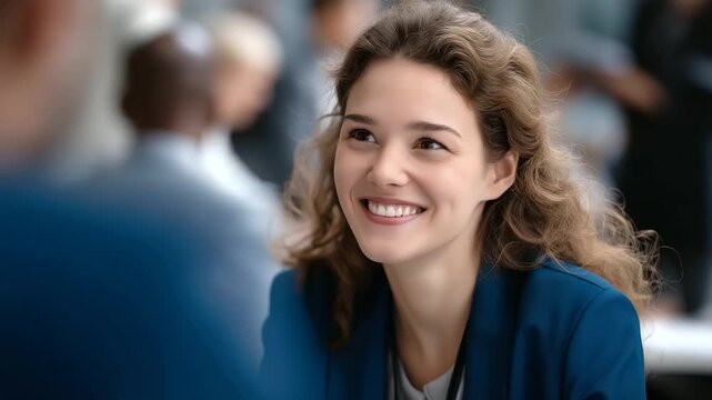 Faceless confident young businesswoman being interviewed heavily defocused background anonymous professional in job interview or leading business meeting speaking passionately