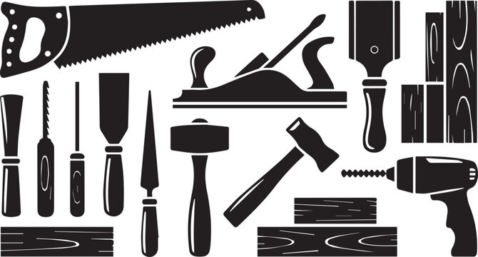 Collection of black silhouette woodworking tools including a hand plane chisels a saw a clamp a mallet a cordless drill and various pieces of timber or wood stock