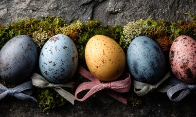 Obraz premium Colorful speckled easter eggs resting on green moss with decorative ribbons, creating a rustic spring holiday decor