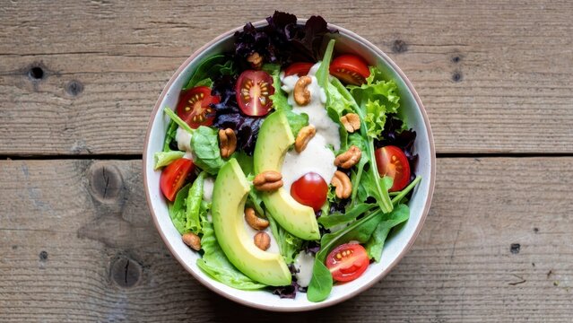 Fresh salad bowl with avocado, nuts and creamy dressing