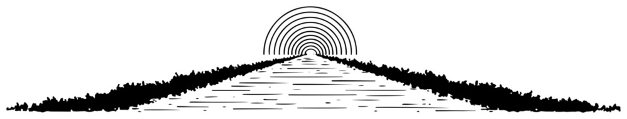 Obraz premium Minimalist long road perspective leading to concentric circles on the horizon in black and white sketch style