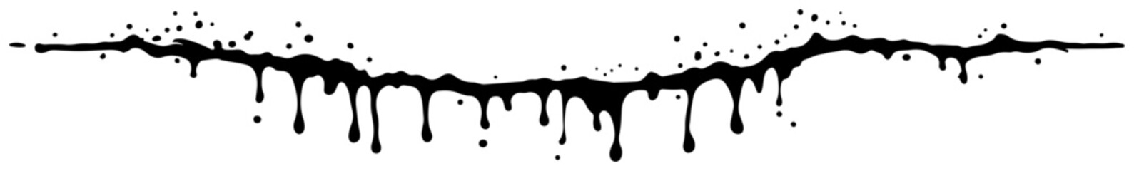 Horizontal dripping ink border illustration with black liquid splashes and droplets