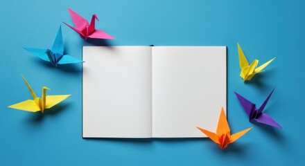 An open blank book surrounded by colorful origami cranes on a blue background