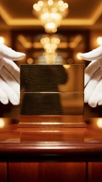 Gloved Hands Presenting a Gleaming Golden Box.