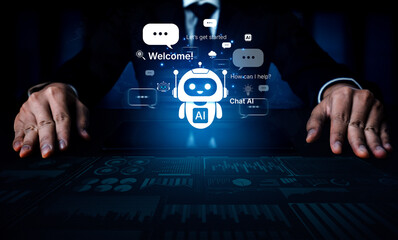 Naklejka premium Welcome message introduces chat AI assistant for instant help. Chat AI supports questions and tasks, and chat AI improves service with friendly NLP chatbot onboarding. Corpus