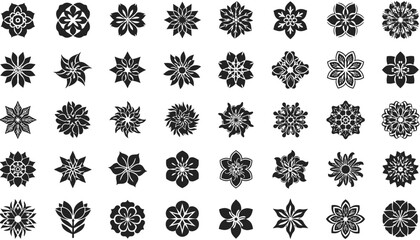 Obraz premium Black and white floral mandala vector pattern set with 40 unique geometric designs, symmetrical decorative artwork, intricate botanical illustration, creative ornamental composition, vector collection