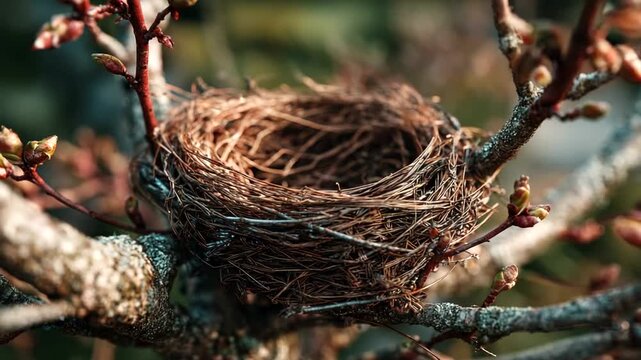 Empty bird nest on a branch with budding leaves