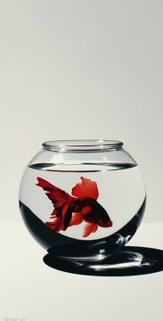 Un pez betta rojo nadando en una pecera esf&eacute;rica.