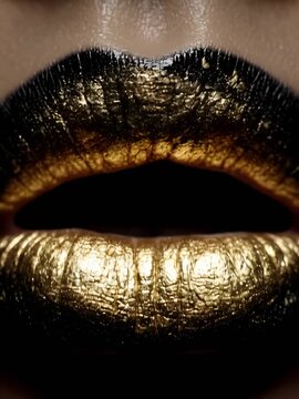 Primer plano de labios cubiertos de pintura dorada.