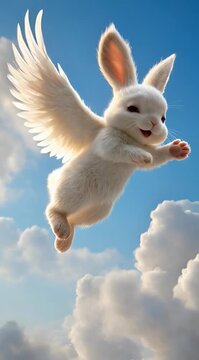 Un adorable conejo blanco con alas de &aacute;ngel vuela entre nubes suaves.