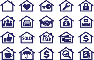 Vector art of collection of house and real estate icons in blue