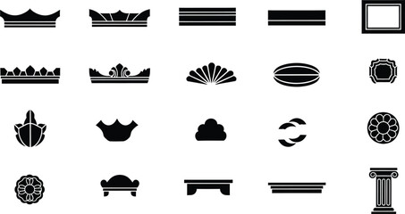 Set of black silhouette architectural ornaments including moldings columns and decorative elements © Simu Store