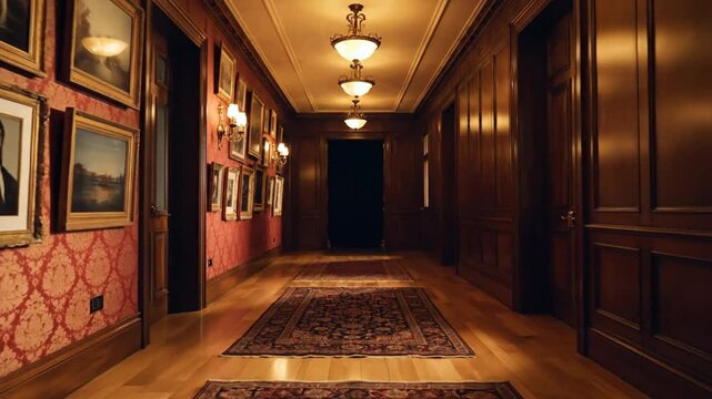 Elegant Hallway with Artwork and Intricate Wallpaper