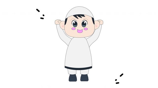 Boy in muslim cap and white robe  suitable for cultural, religious, educational projects, diversity, inclusion, stock photography, and travel websites.
