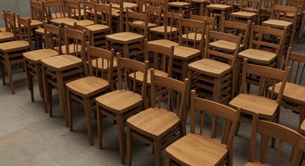A large collection of wooden chairs arranged in rows on a concrete floor