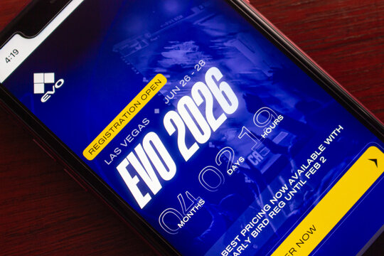 Quito, ECUADOR - Feb 23 2026 : Close-up of smartphone showing EVO 2026 Las Vegas registration open page with countdown timer and bold blue design graphic interface.