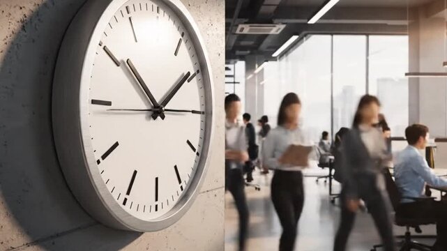 Office Clock and Busy People Working in Modern Workspace