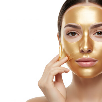 Woman removing gold peel off face mask isolated on white background, luxury skincare treatment with colloidal gold