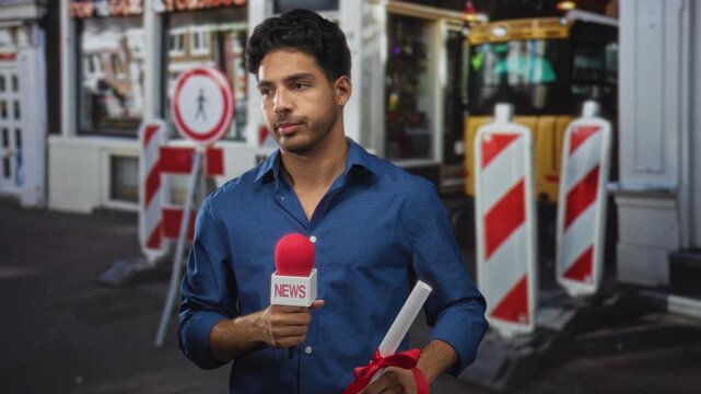 Man holds news microphone and rolled certificate tied with red ribbon, standing by striped construction barriers and pedestrian sign on a street; concern duty reporting.