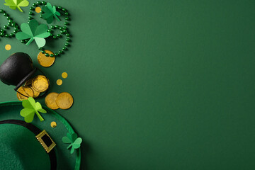 Obraz premium St. Patrick's Day celebration greeting scene with a green hat, paper shamrocks, gold coins, green beads and confetti arranged on a dark green background for holiday and luck visuals
