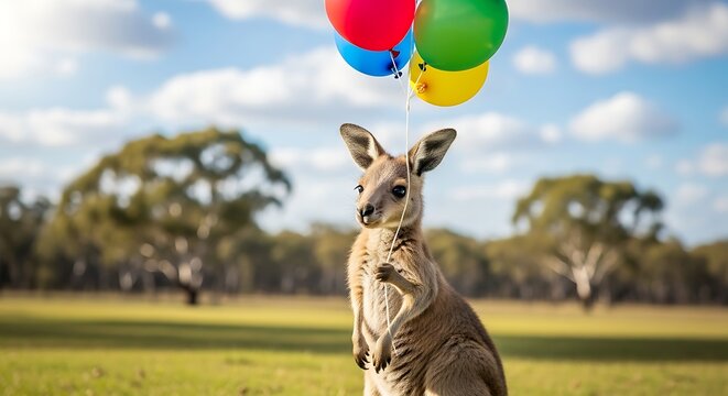 Kangaroo Standing in Field with Colorful Balloons.