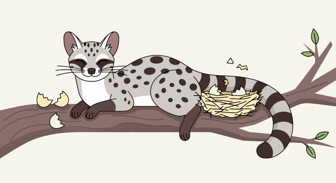 Genetta relaxing on a tree branch with broken eggshells and nest in vector flat style illustration for children books