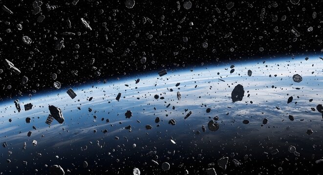 Densely Packed Asteroid Field with Earths Atmospheric Haze and Clouds in the Background Deep Space Debris and Space Junk Science Fiction Concept