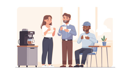 Diverse Office Colleagues Enjoying a Coffee Break Together in a Modern Workspace; Happy Coworkers Socializing, Holding Mugs, and Relaxing Near a Coffee Machine in a Flat Vector Illustration.