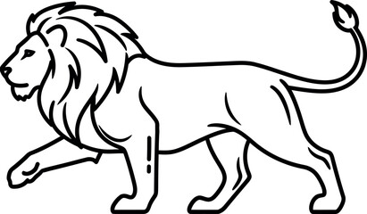 Powerful black and white outline drawing of a walking lion with a flowing mane, in a minimalist style. © HASNA