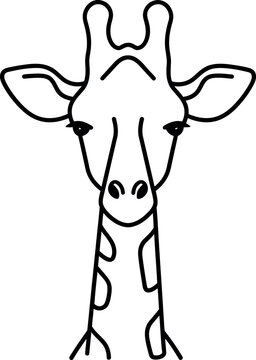 Charming black and white line art illustration of a giraffe's head looking directly at the viewer.