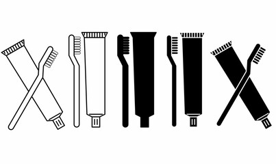 toothpaste and toothbrush icon set in crossed and upright positions, flat,outline,silhouette style isolated on white background.vector illustration for dental care branding,and educational materials © Rustanto