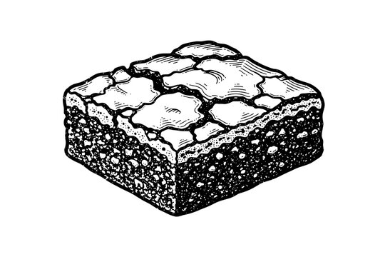 Detailed engraving of chocolate brownie with cracked top illustration