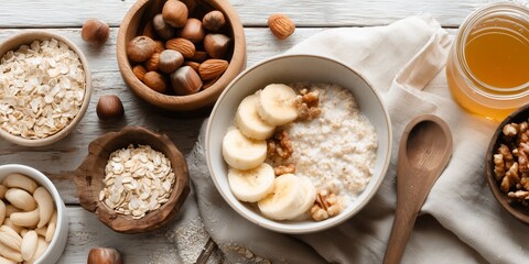 Fototapeta premium Healthy breakfast with oatmeal, fruits, nuts, and honey placed on a wooden table